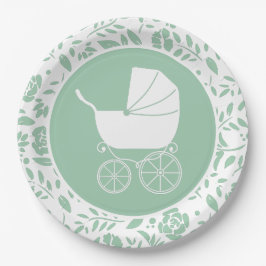 Vintag Carriage Baby Shower Green Gender Neutral Pappteller