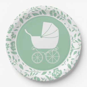 Vintag Carriage Baby Shower Green Gender Neutral Pappteller