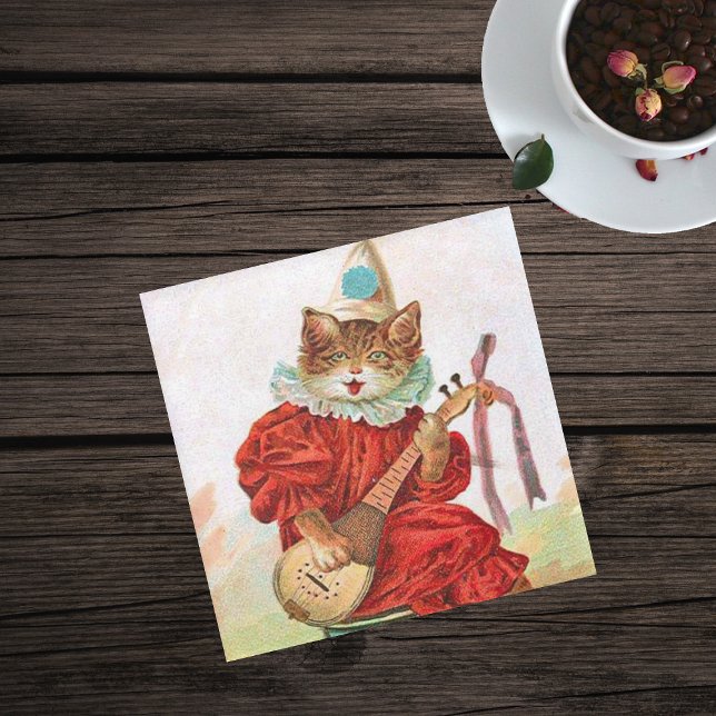 Vintag Cat Clown Anzug Mandoline spielen Glasuntersetzer (Cat dressed in red Jester outfit with hat playing mandolin on glass drink coaster.)