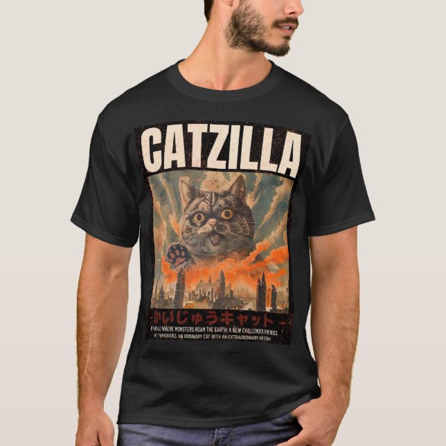 Vintag Catzilla Japanischer Anime Parody Cat T-Shirt (Vorderseite)