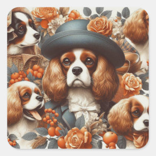 Vintag Cavalier King Charles Spaniel Painting Quadratischer Aufkleber