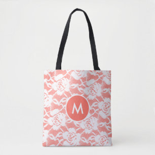 Vintag Chantilly White Lace Coral Mit Monogramm Tasche