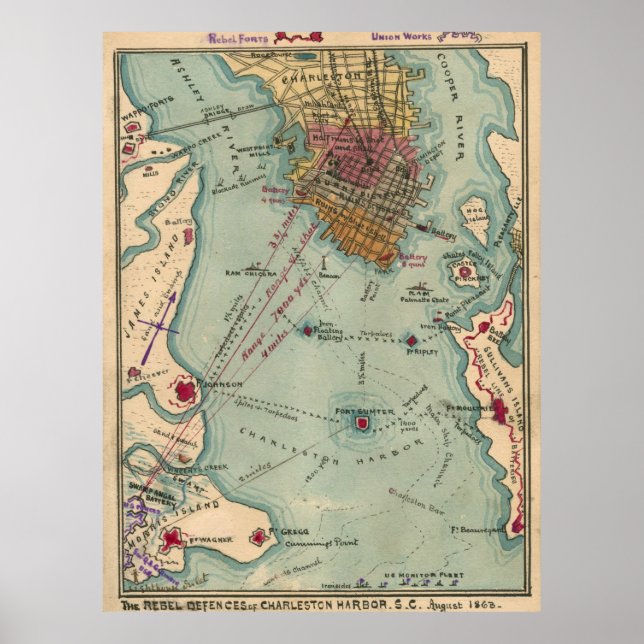 Vintag Charleston SC Zivil War Map (1865) Poster (Vorne)