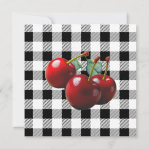 Vintag Cherries Schwarz-weiß Gingham Einladung