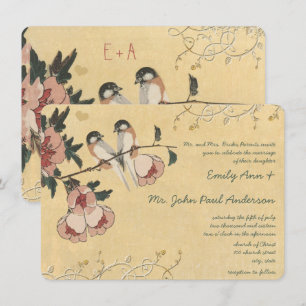 Vintag Cherry Blossom Chickadee Damask Hochzeit Einladung