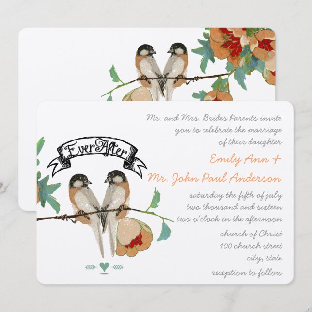 Vintag Cherry Blossom Love BIrd Peach Mint Einladung (Vorne/Hinten)