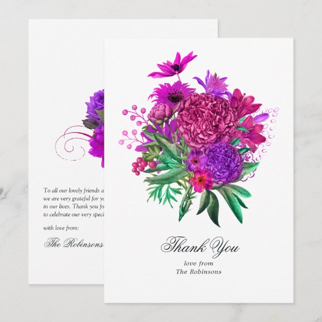 Vintag Chic Fuchsia und Lila Hochzeit Dankeskarte (Vorne/Hinten)