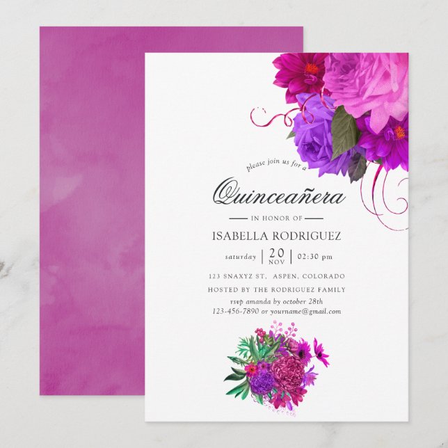 Vintag Chic Fuchsia und Lila Quinceñera Einladung (Vorne/Hinten)