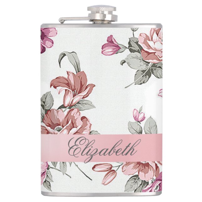 Vintag Chic Girly Blume Personalisiert Flachmann (Vorderseite)