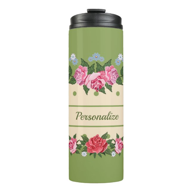 Vintag-Chic-Rose Blumengarten Grüne Folies Thermosbecher (Vorderseite)