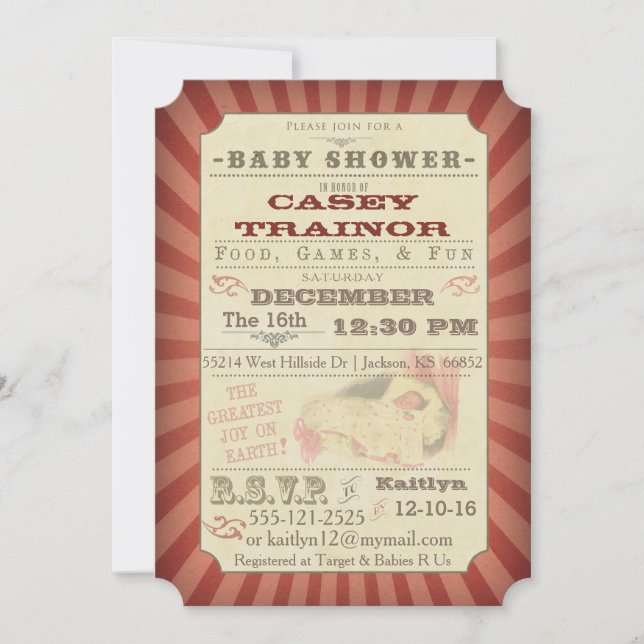 Vintag Circus Ticket Baby Dusche Einladung (Vorderseite)