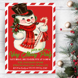 Vintag Classic Snowman Custom Weihnachtsfest Party Einladung<br><div class="desc">Die Weihnachtsweihnachtsweihnachtsfeier aus der Mitte des Jahrhunderts ist mit einer kantigen, roten und weißen Party Einladung versehen, an der ein bezaubernder Schneemann einen Tophut trägt, Schal trägt und einen Bonbonstock trägt. Die Worte "begleiten uns für ein sehr fröhliches Party" tragen zum Retro-Gefühl der Mitte des Jahrhunderts bei. Personalisieren Sie diese,...</div>
