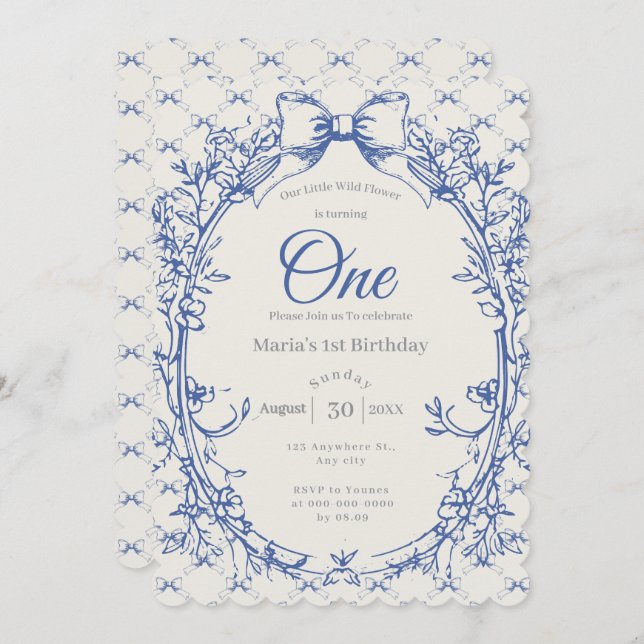 Vintag Coquette Blue Bow Einladung (Vorne/Hinten)