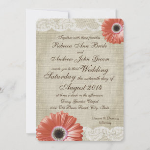 Vintag Coral Gerbera Daisy and Lace Wedding Einladung