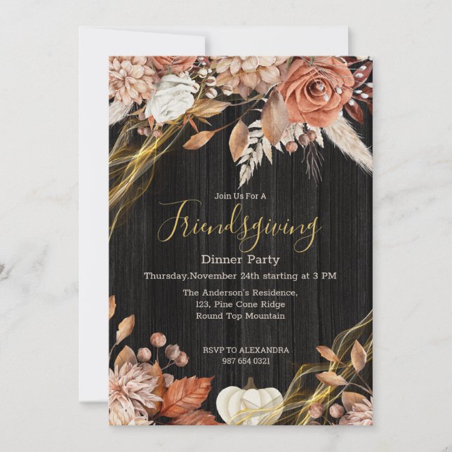 Vintag Country Wood Floral Friendsgiving Dinner Einladung (Vorderseite)
