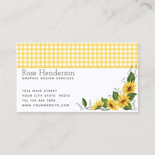 Vintag Country Yellow Gingham & Sonnenblumen Visitenkarte (Vorderseite)