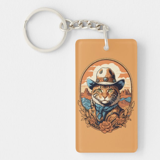 Vintag Cowboy Cat Design Schlüsselanhänger (Vorderseite)