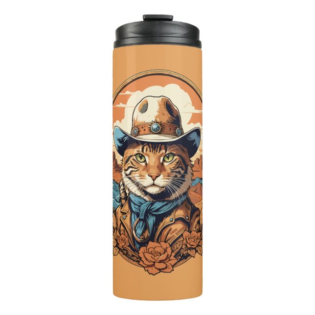 Vintag Cowboy Cat Design Thermosbecher (Vorderseite)