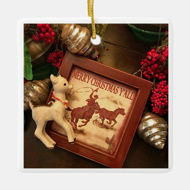 Vintag Cowboy Frohe Weihnachten Y'all Ornament (Vorderseite)