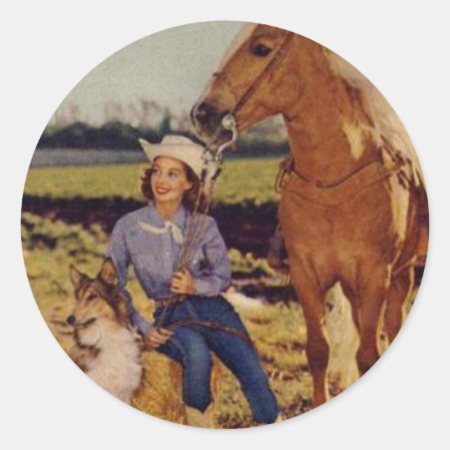 Vintag Cowgirl Runder Aufkleber (Vorderseite)