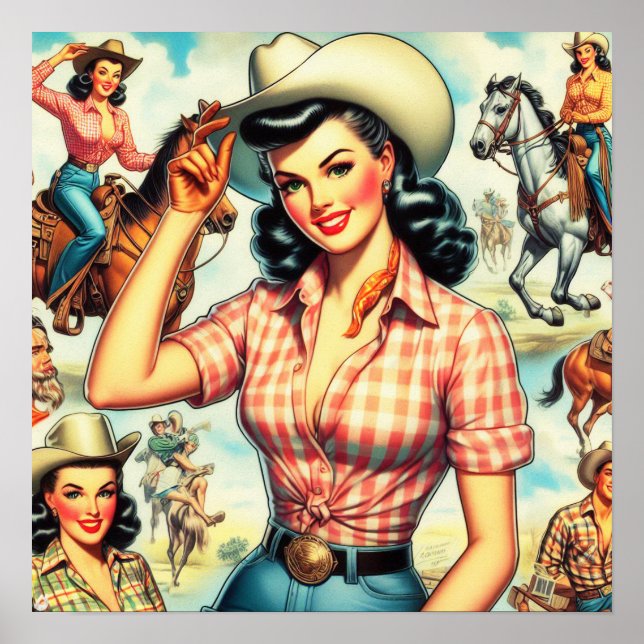 Vintag Cowgirl Seamless Illustration Poster (Vorne)