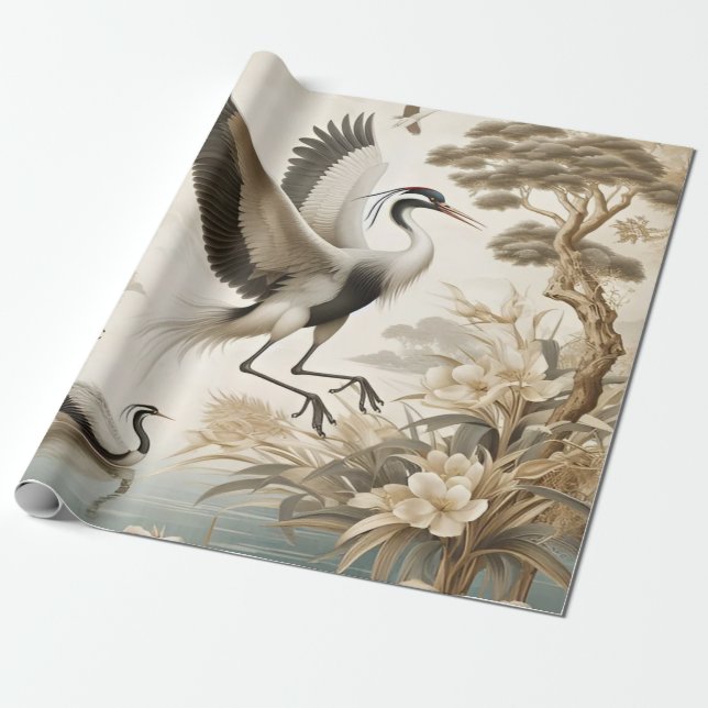 Vintag Cranes Crane Birds Wallpaper Geschenkpapier (Ungerollt)