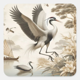 Vintag Cranes Crane Birds Wallpaper Quadratischer Aufkleber