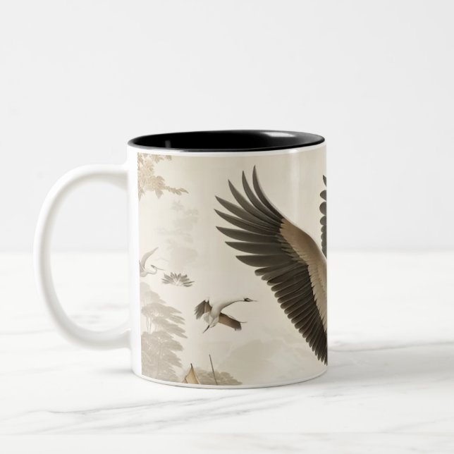 Vintag Cranes Crane Birds Wallpaper Zweifarbige Tasse (Links)