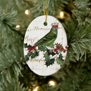 Vintag Crown Green Bird & Holly Keramik Ornament