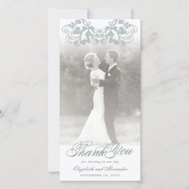 Vintag Damask Blue Floral Geblüht Foto Hochzeit Dankeskarte