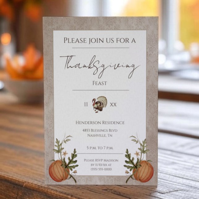 Vintag Damask Erntedank Dinner | Beige Einladung (Beige Vintage Damask Thanksgiving Dinner Invitation)