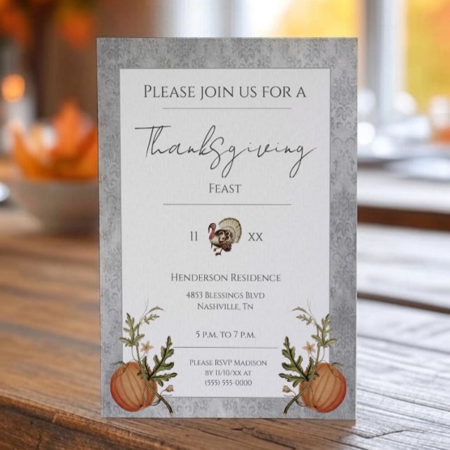 Vintag Damask Erntedank Dinner | Grau Einladung (Gray Vintage Damask Thanksgiving Dinner Invitation)