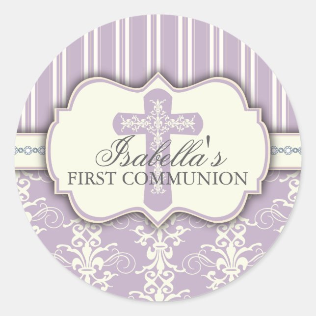Vintag Damask First Communityaufkleber | LILA Runder Aufkleber (Vorderseite)