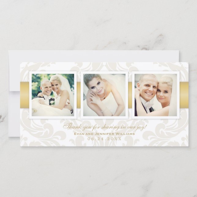 Vintag Damask Gold Hochzeit Foto Collage Dankeskarte (Vorderseite)