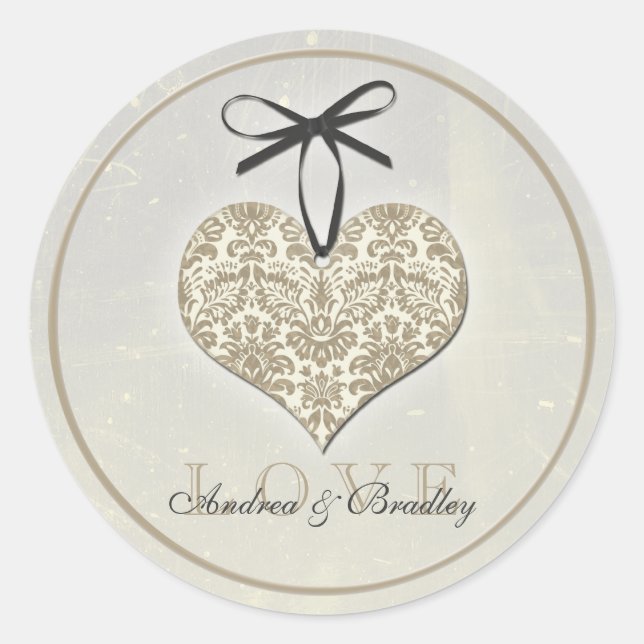 Vintag Damask Heart Gray Personalisierte Hochzeit Runder Aufkleber (Vorderseite)