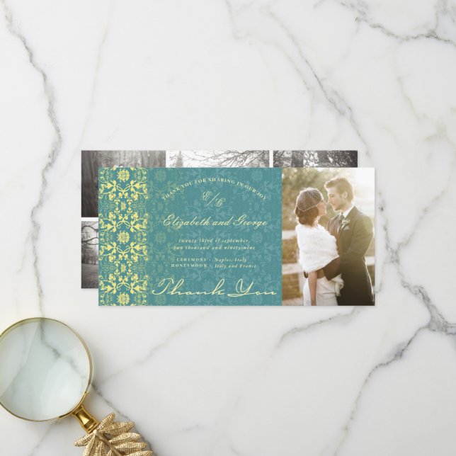 Vintag Damask Lace Peacock Blue Foto Wedding Dankeskarte (Vorderseite/Rückseite Beispiel)