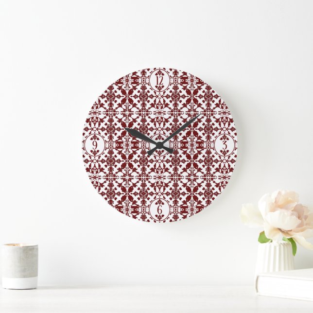 Vintag Damask Monogramm Große Wanduhr (Zuhause)