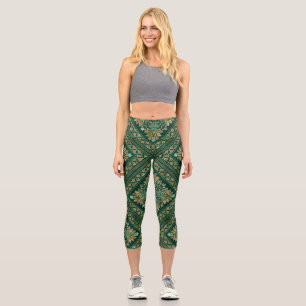 Vintag Damask Muster - Smaragdgrün und gold Capri Leggings