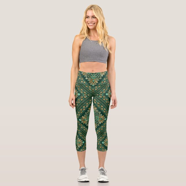 Vintag Damask Muster - Smaragdgrün und gold Capri Leggings (Vorderseite)
