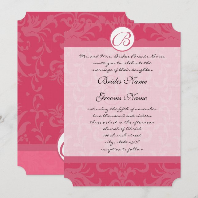 Vintag Damask Pink Monogram Wedding Einladungen (Vorne/Hinten)