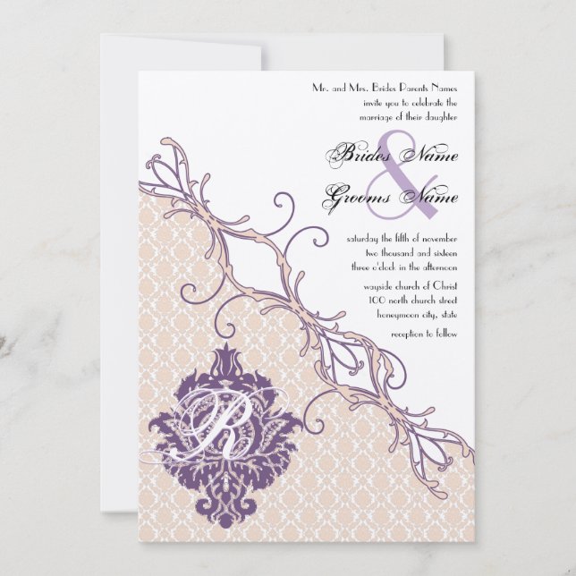 Vintag Damask Silberpfahl & Traubenhochzeit Einladung (Vorderseite)