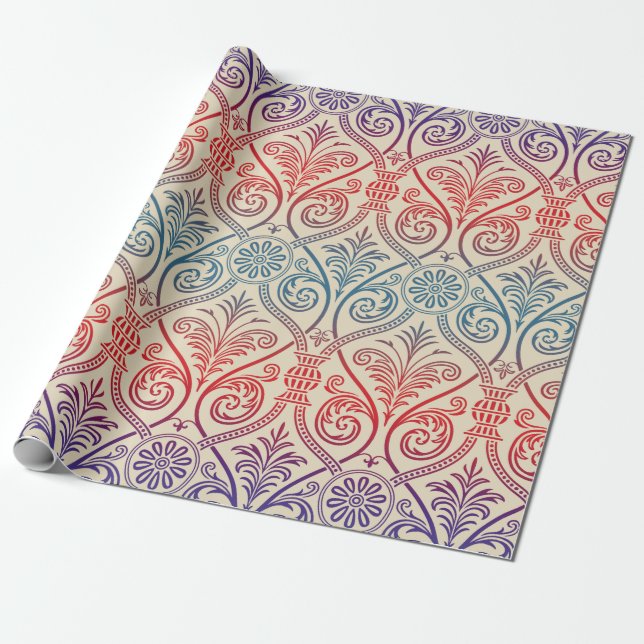Vintag Damask Wallpaper - blau violett rot Geschenkpapier (Ungerollt)