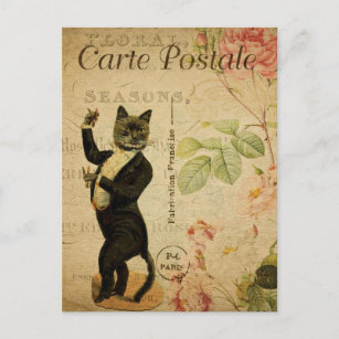 Vintag Dancing Cat Dressed in Tuxedo Französisch Postkarte