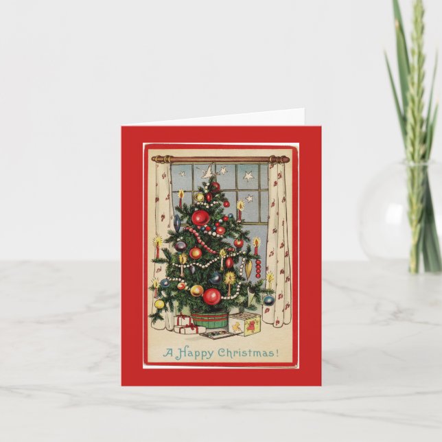 Vintag dekoriert Weihnachtsbaum Rot Feiertagskarte (Vorderseite)