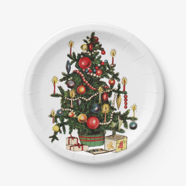 Vintag dekorierter Weihnachtsbaum Pappteller (Vorderseite)