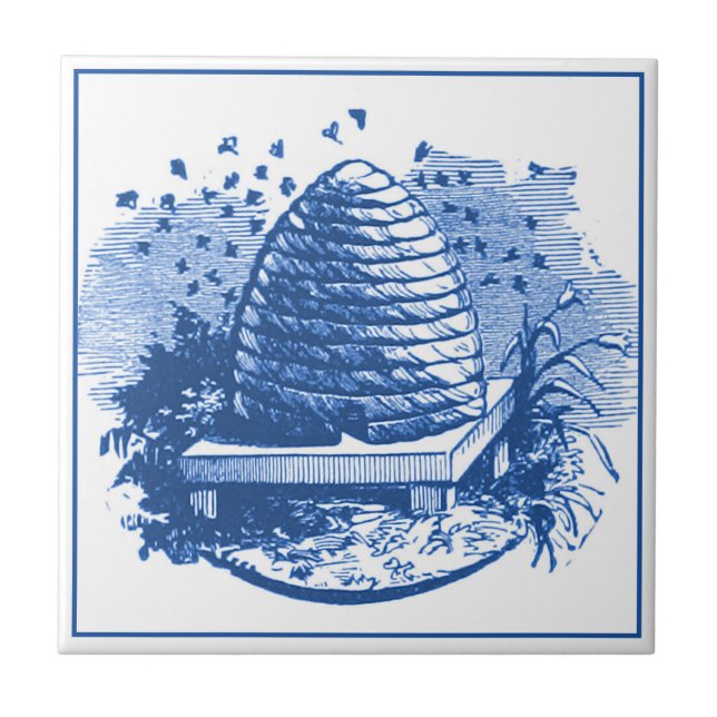 Vintag Delft Blue Art Nouveau Honeybeve Hive Fliese (Vorderseite)