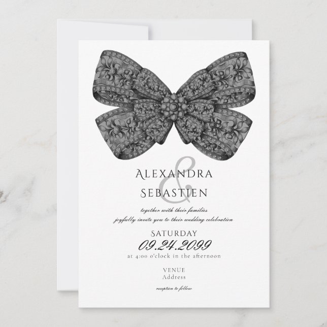 Vintag Diamonds Bow Script Black & White Wedding Einladung (Vorderseite)