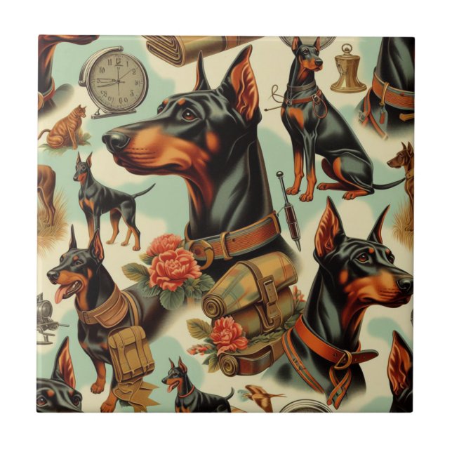 Vintag Doberman Nahtlose Malerei Fliese (Vorderseite)