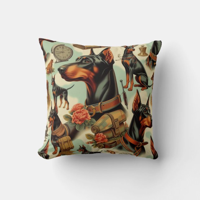 Vintag Doberman Nahtlose Malerei Kissen (Vorderseite)