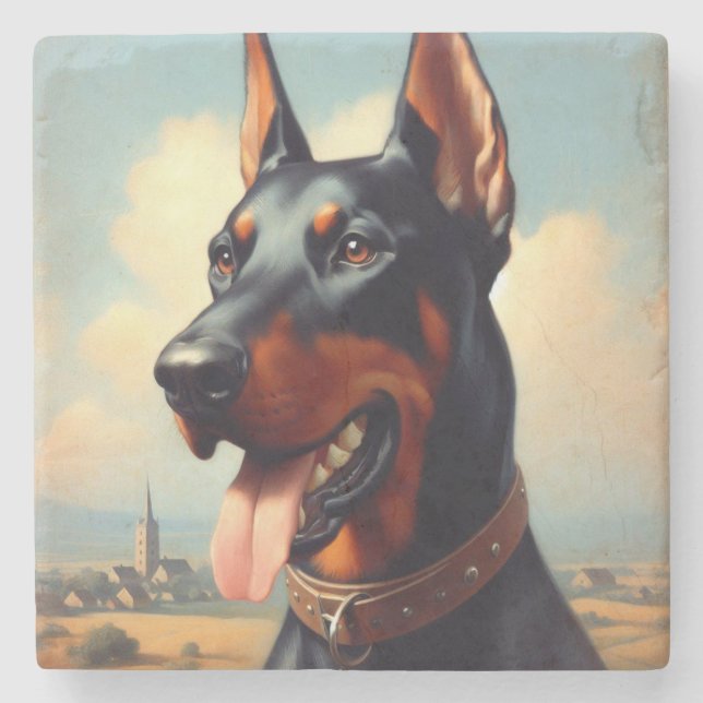 Vintag Doberman Painting Steinuntersetzer (Vorderseite)